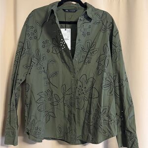 NWT Zara Khaki Green Eyelet Blouse